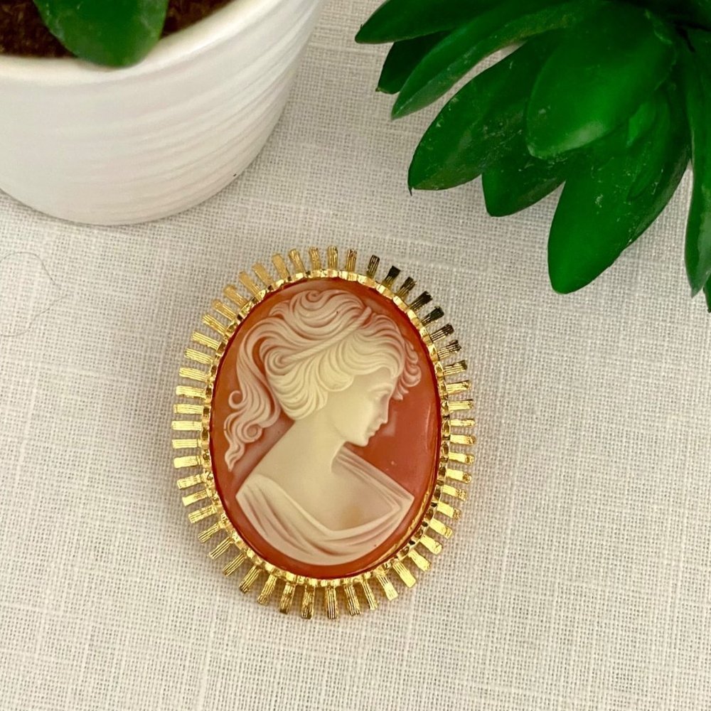 Vintage Style Cameo Brooch Pin Pendant Resin on Goldtone Oval 1.5 in x 2 in